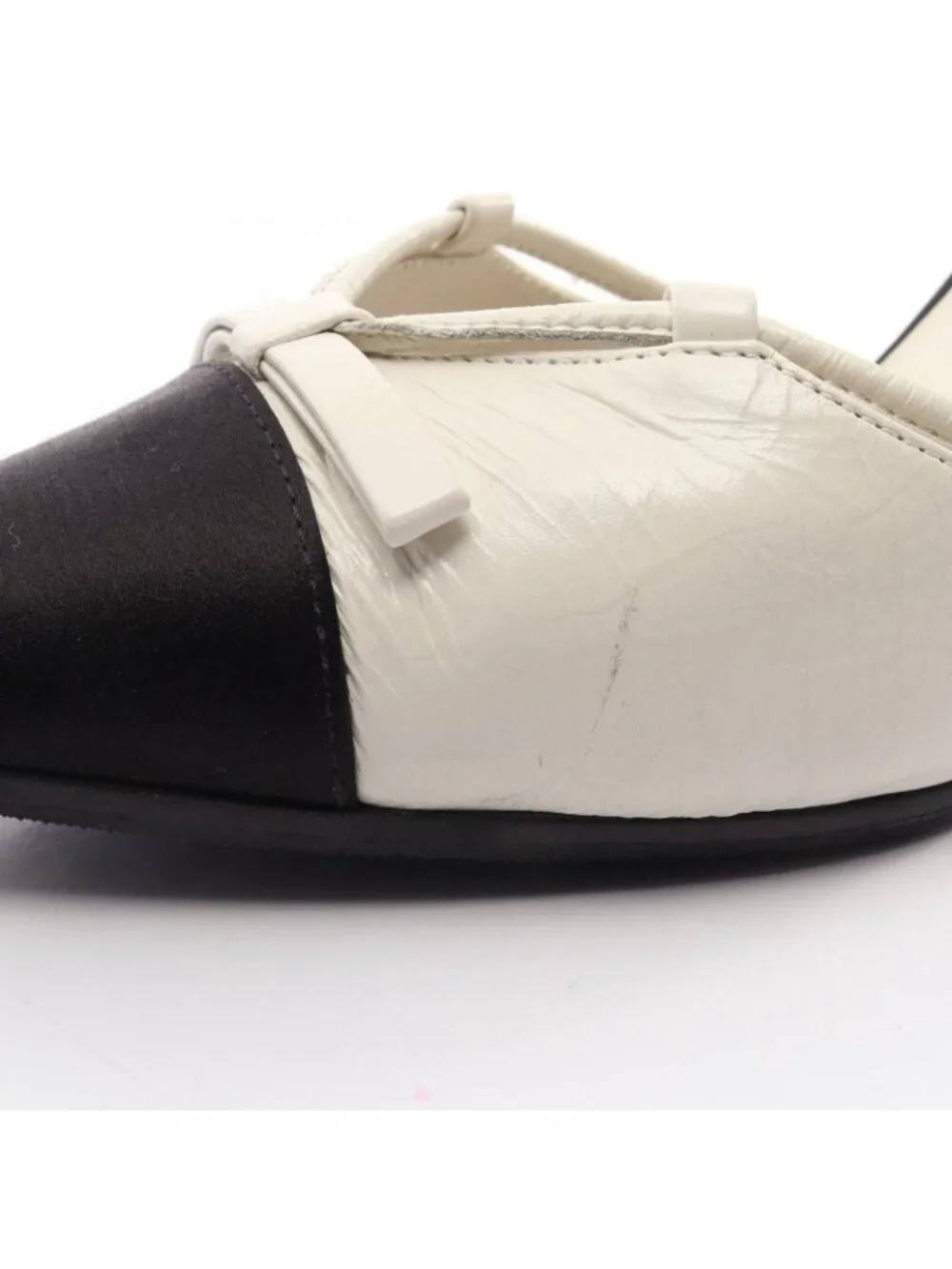 Chanel Pumps Pointed Toe Ribbon Leather Fabric Heel 36